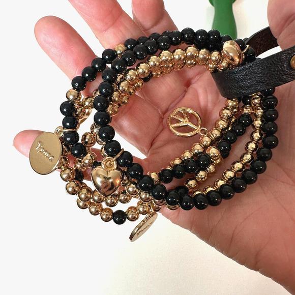 NWOT Macy's Black & Gold Multilayer Skull Heart Peace Bead Leather Wrap Bracelet - Picture 7 of 9